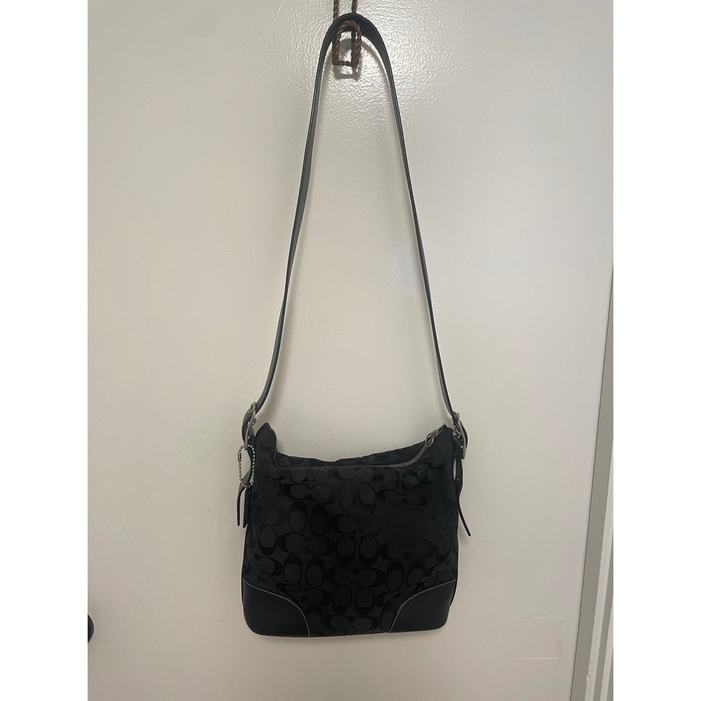 Coach Vintage Hobo Signature Slim Crossbody Bag Black Leather Trim Style 6347